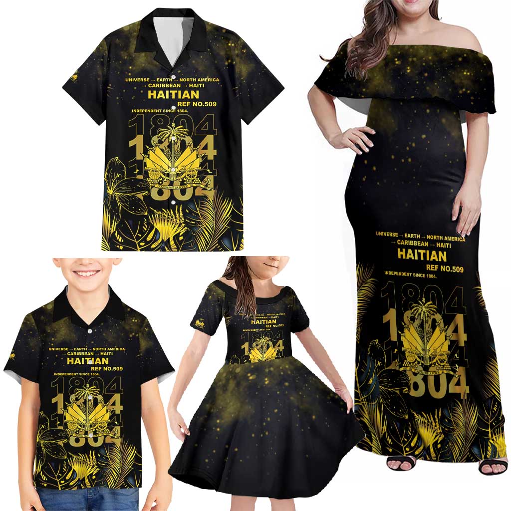 Haiti 1804 Family Matching Off Shoulder Maxi Dress and Hawaiian Shirt Gold Tropical Leaves And Coat Of Arms - Wonder Print Shop