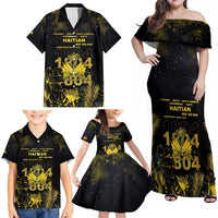 Haiti 1804 Family Matching Off Shoulder Maxi Dress and Hawaiian Shirt Gold Tropical Leaves And Coat Of Arms - Wonder Print Shop