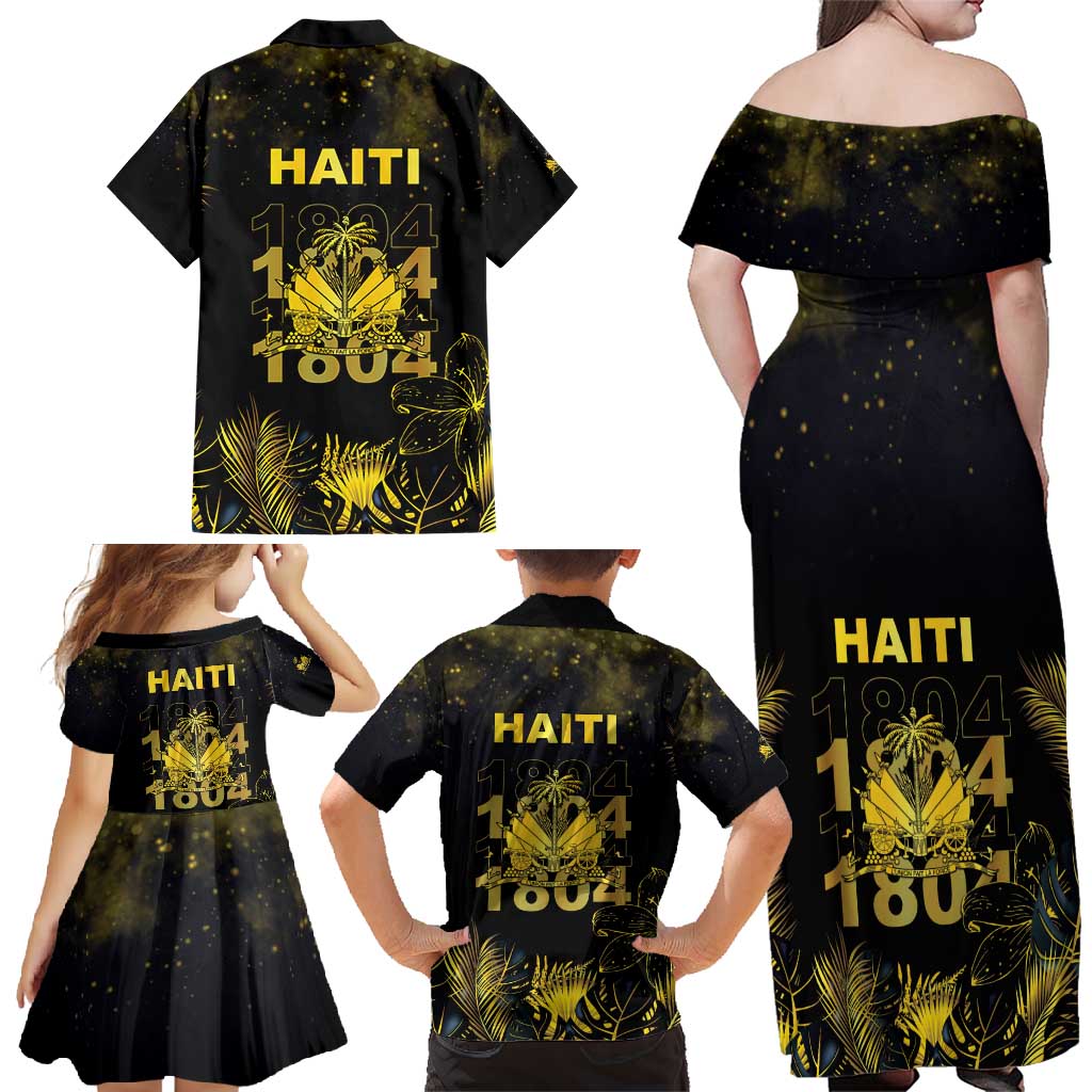 Haiti 1804 Family Matching Off Shoulder Maxi Dress and Hawaiian Shirt Gold Tropical Leaves And Coat Of Arms - Wonder Print Shop