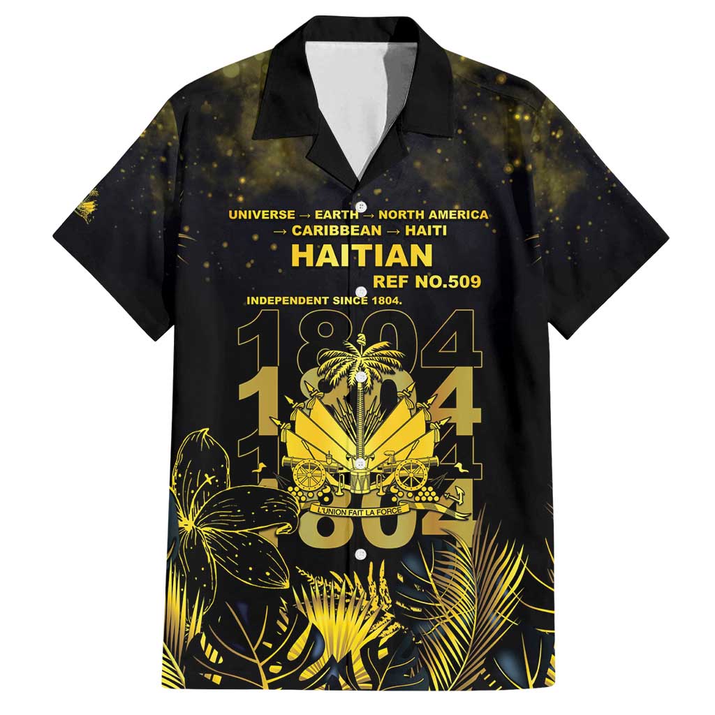 Haiti 1804 Family Matching Off Shoulder Maxi Dress and Hawaiian Shirt Gold Tropical Leaves And Coat Of Arms - Wonder Print Shop