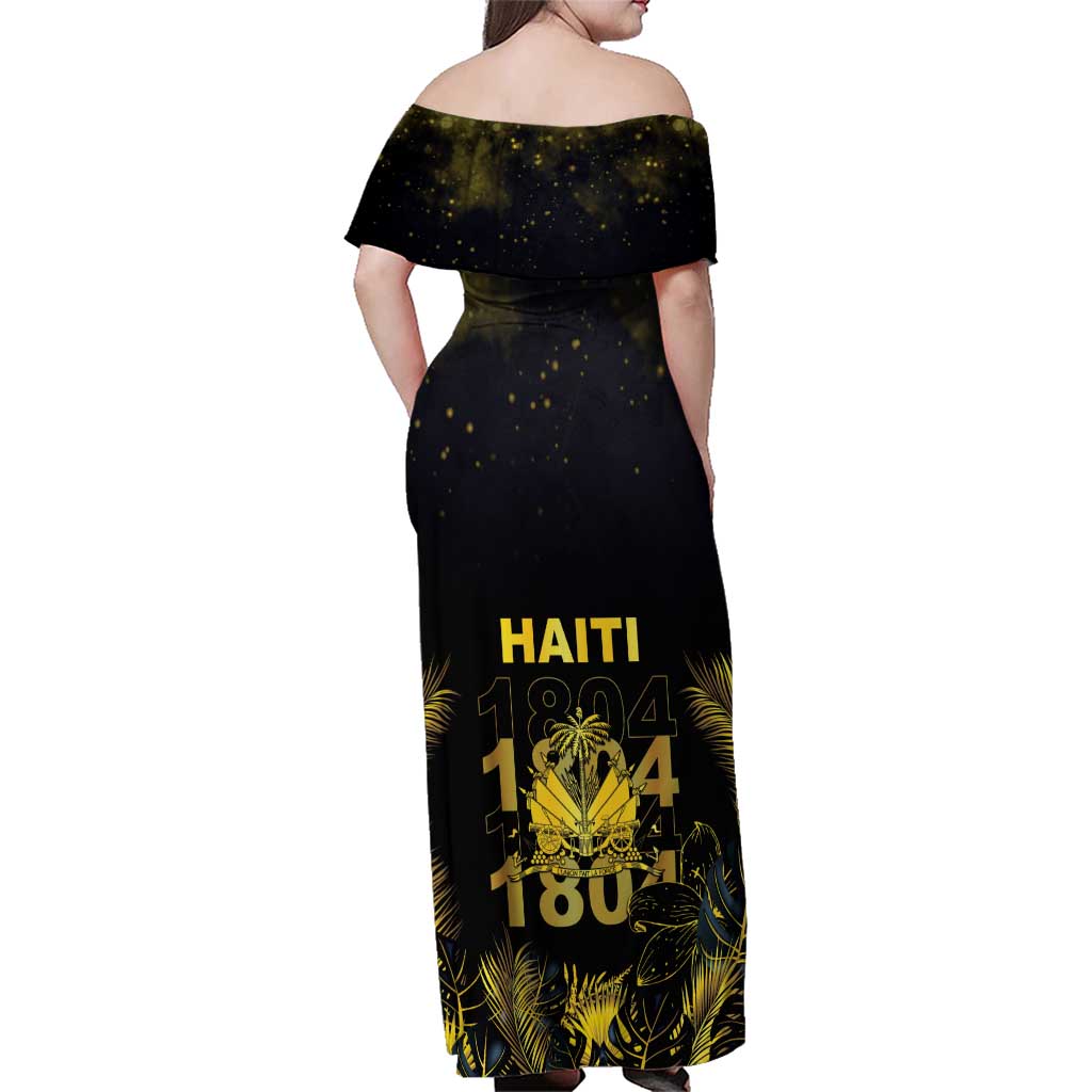 Haiti 1804 Family Matching Off Shoulder Maxi Dress and Hawaiian Shirt Gold Tropical Leaves And Coat Of Arms - Wonder Print Shop