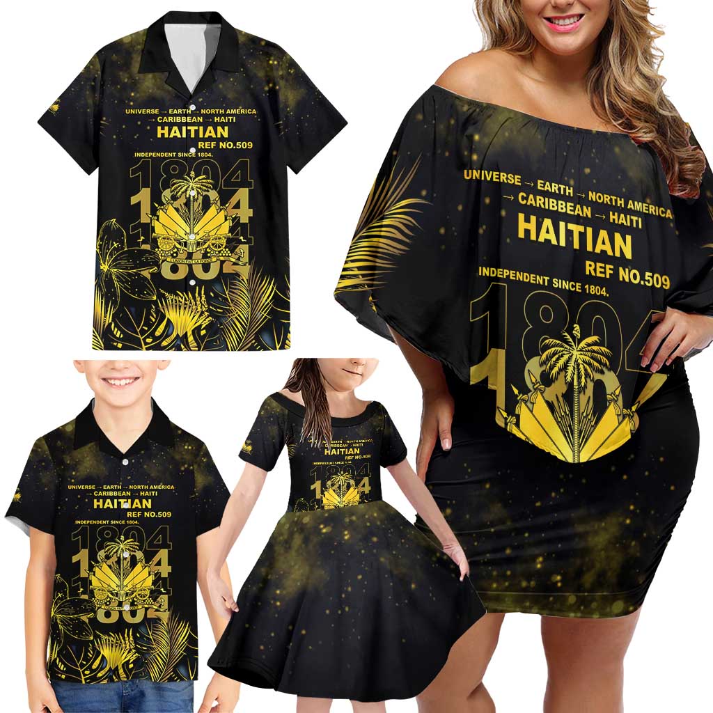 Haiti 1804 Family Matching Off Shoulder Short Dress and Hawaiian Shirt Gold Tropical Leaves And Coat Of Arms - Wonder Print Shop