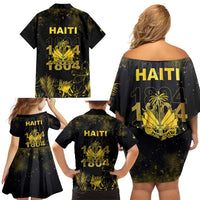 Haiti 1804 Family Matching Off Shoulder Short Dress and Hawaiian Shirt Gold Tropical Leaves And Coat Of Arms - Wonder Print Shop