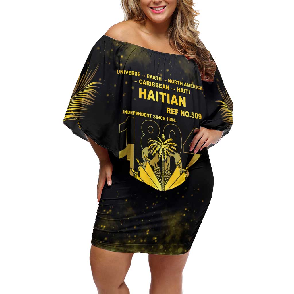 Haiti 1804 Family Matching Off Shoulder Short Dress and Hawaiian Shirt Gold Tropical Leaves And Coat Of Arms - Wonder Print Shop