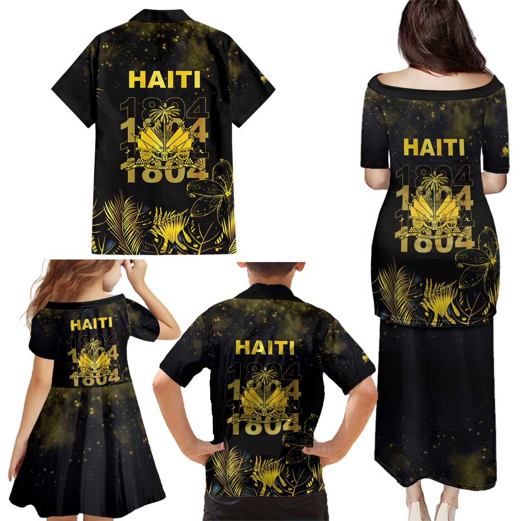 Haiti 1804 Family Matching Puletasi and Hawaiian Shirt Gold Tropical Leaves And Coat Of Arms - Wonder Print Shop