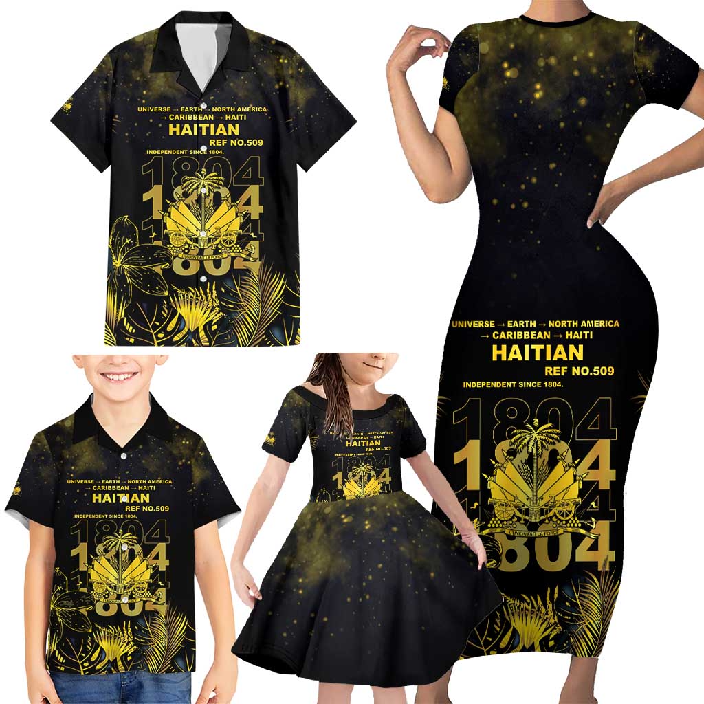 Haiti 1804 Family Matching Short Sleeve Bodycon Dress and Hawaiian Shirt Gold Tropical Leaves And Coat Of Arms - Wonder Print Shop