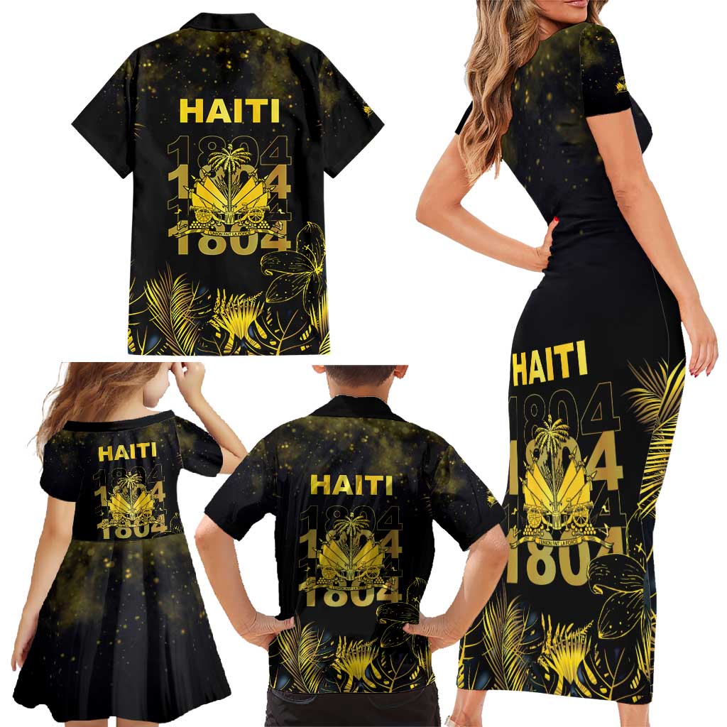 Haiti 1804 Family Matching Short Sleeve Bodycon Dress and Hawaiian Shirt Gold Tropical Leaves And Coat Of Arms - Wonder Print Shop
