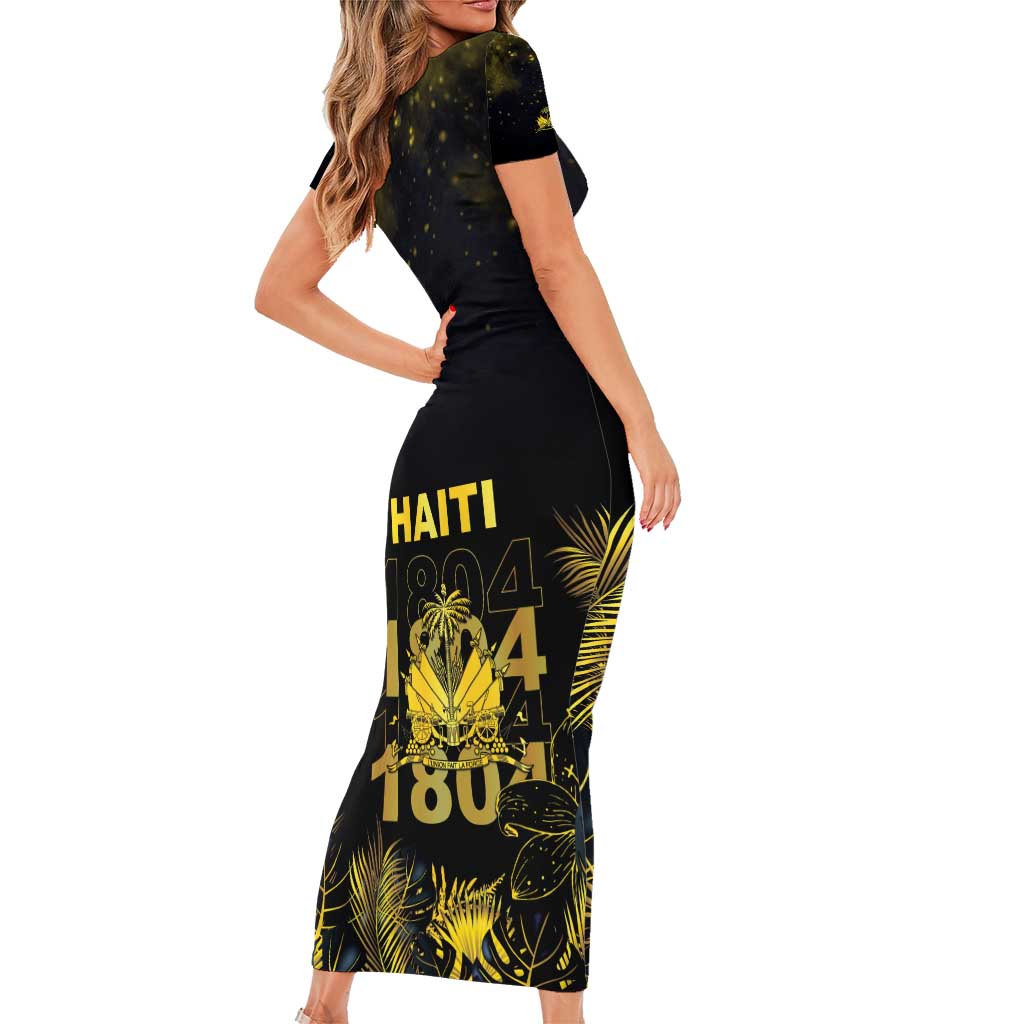 Haiti 1804 Family Matching Short Sleeve Bodycon Dress and Hawaiian Shirt Gold Tropical Leaves And Coat Of Arms - Wonder Print Shop