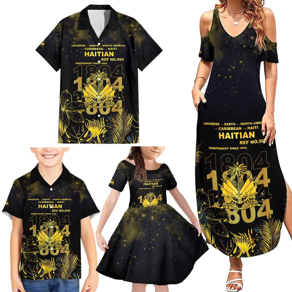 Haiti 1804 Family Matching Summer Maxi Dress and Hawaiian Shirt Gold Tropical Leaves And Coat Of Arms - Wonder Print Shop