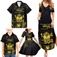 Haiti 1804 Family Matching Summer Maxi Dress and Hawaiian Shirt Gold Tropical Leaves And Coat Of Arms - Wonder Print Shop