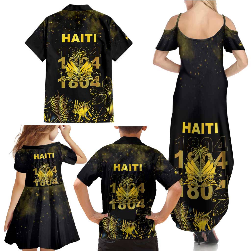 Haiti 1804 Family Matching Summer Maxi Dress and Hawaiian Shirt Gold Tropical Leaves And Coat Of Arms - Wonder Print Shop