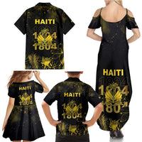 Haiti 1804 Family Matching Summer Maxi Dress and Hawaiian Shirt Gold Tropical Leaves And Coat Of Arms - Wonder Print Shop