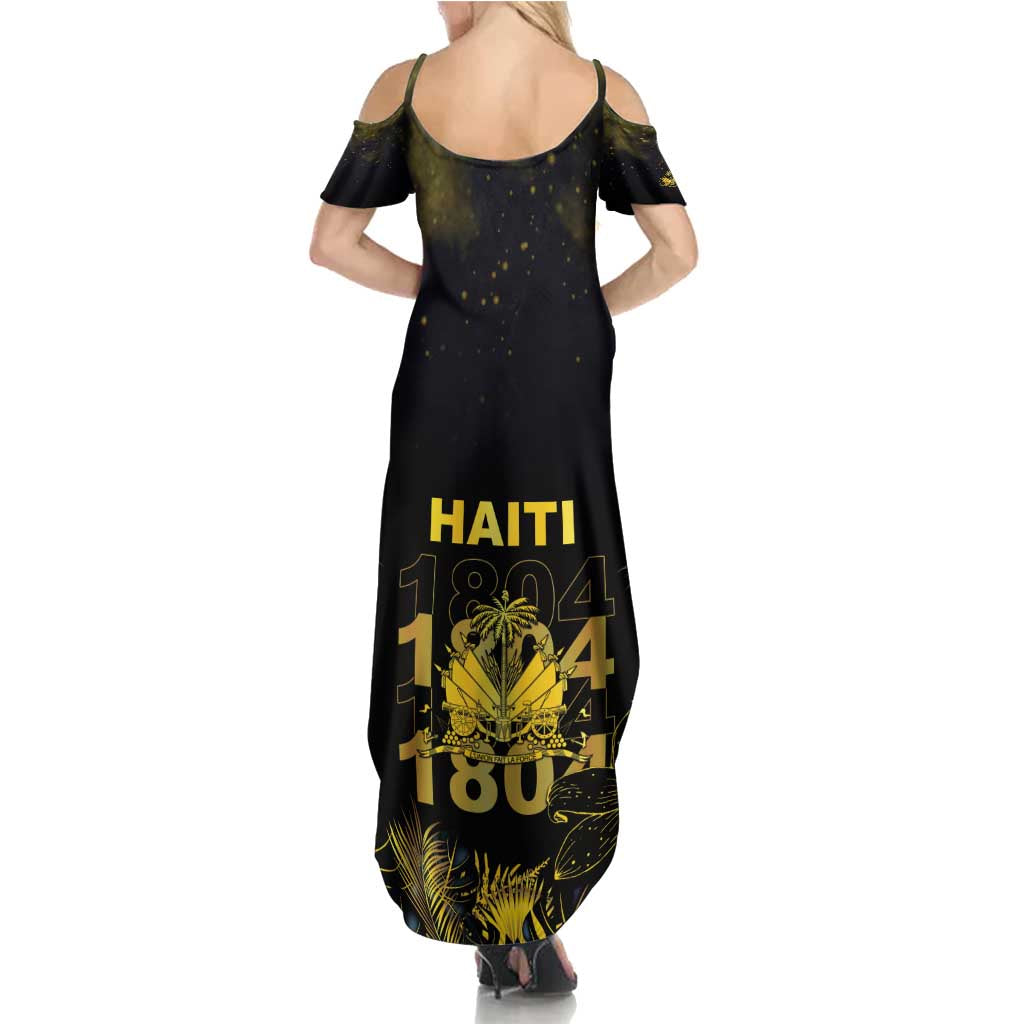 Haiti 1804 Family Matching Summer Maxi Dress and Hawaiian Shirt Gold Tropical Leaves And Coat Of Arms - Wonder Print Shop