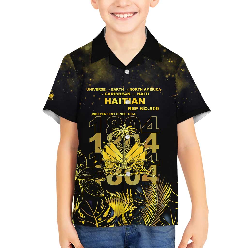 Haiti 1804 Family Matching Summer Maxi Dress and Hawaiian Shirt Gold Tropical Leaves And Coat Of Arms - Wonder Print Shop