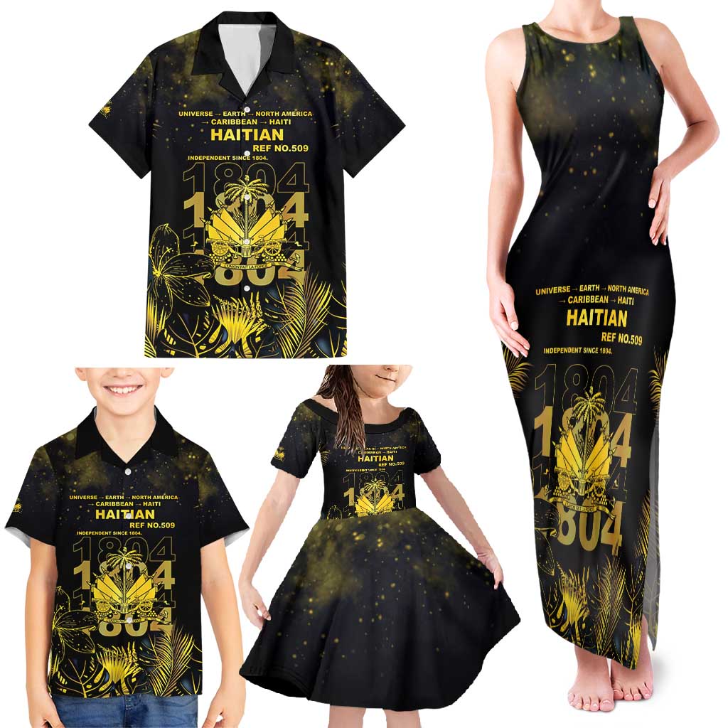 Haiti 1804 Family Matching Tank Maxi Dress and Hawaiian Shirt Gold Tropical Leaves And Coat Of Arms - Wonder Print Shop