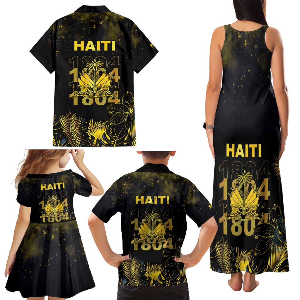 Haiti 1804 Family Matching Tank Maxi Dress and Hawaiian Shirt Gold Tropical Leaves And Coat Of Arms - Wonder Print Shop