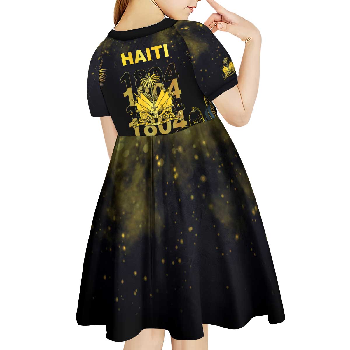 Haiti 1804 Kid Short Sleeve Dress Gold Tropical Leaves And Coat Of Arms - Wonder Print Shop