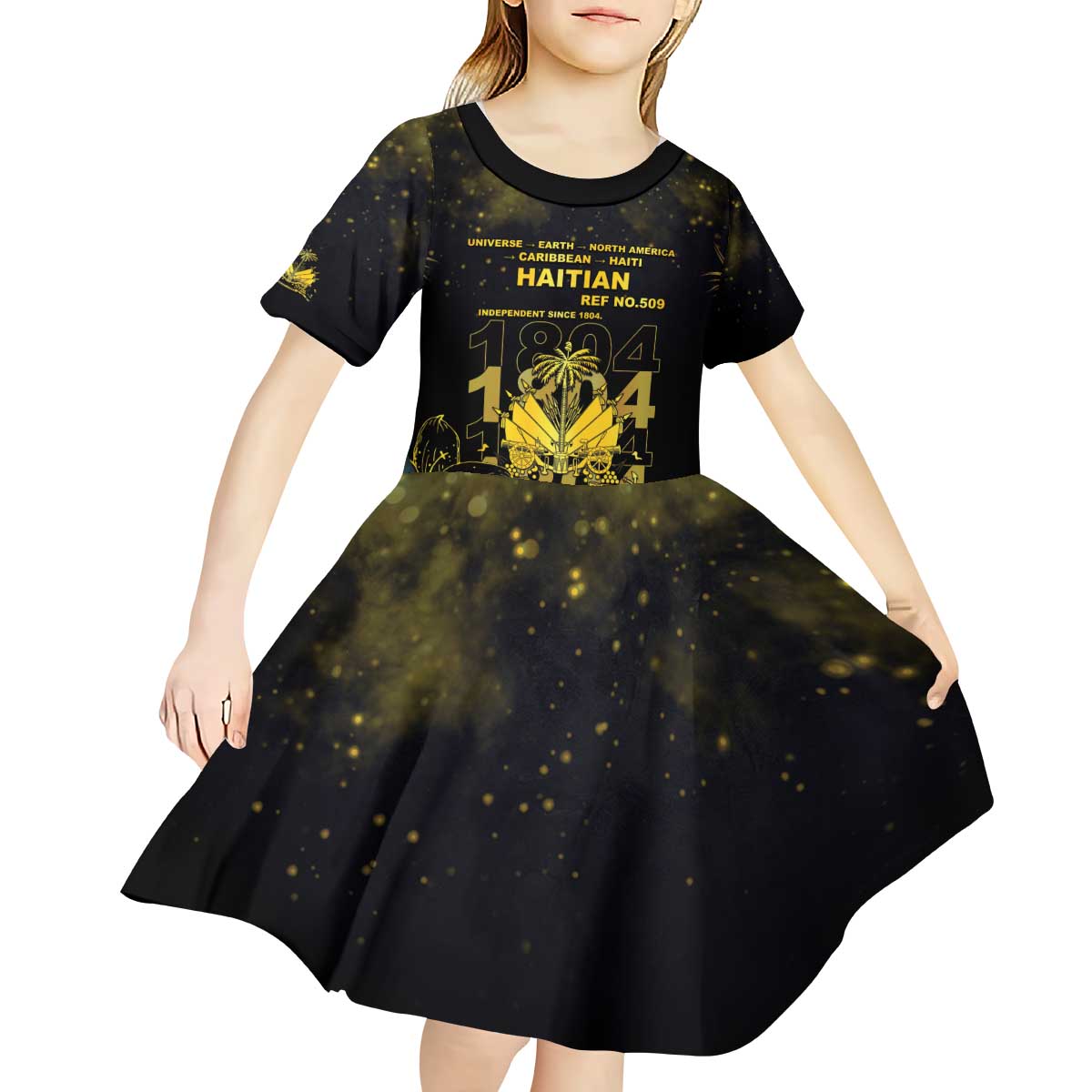 Haiti 1804 Kid Short Sleeve Dress Gold Tropical Leaves And Coat Of Arms - Wonder Print Shop