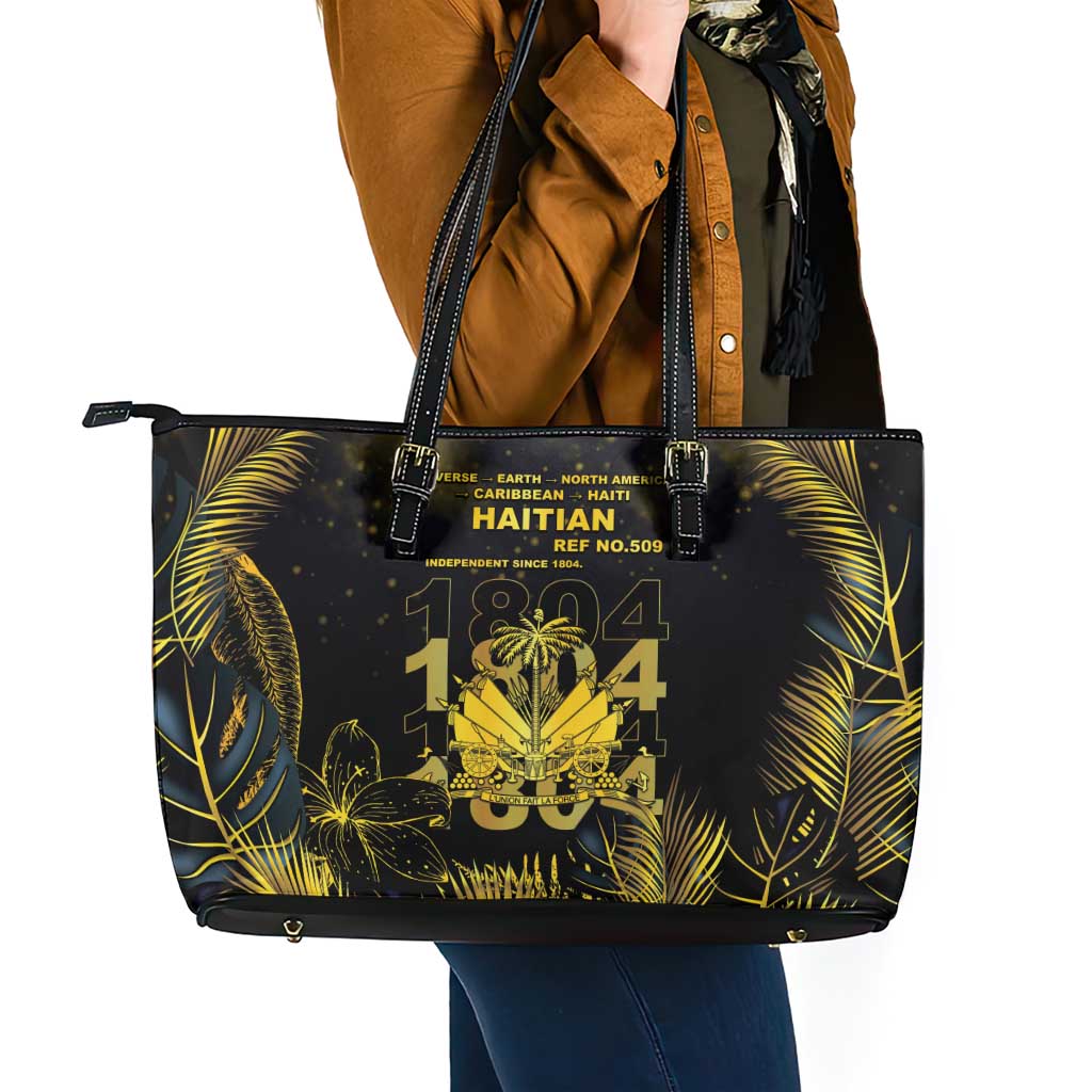 Haiti 1804 Leather Tote Bag Gold Tropical Leaves And Coat Of Arms - Wonder Print Shop