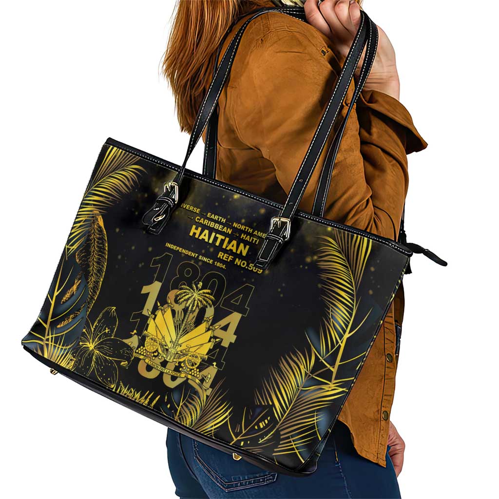 Haiti 1804 Leather Tote Bag Gold Tropical Leaves And Coat Of Arms - Wonder Print Shop
