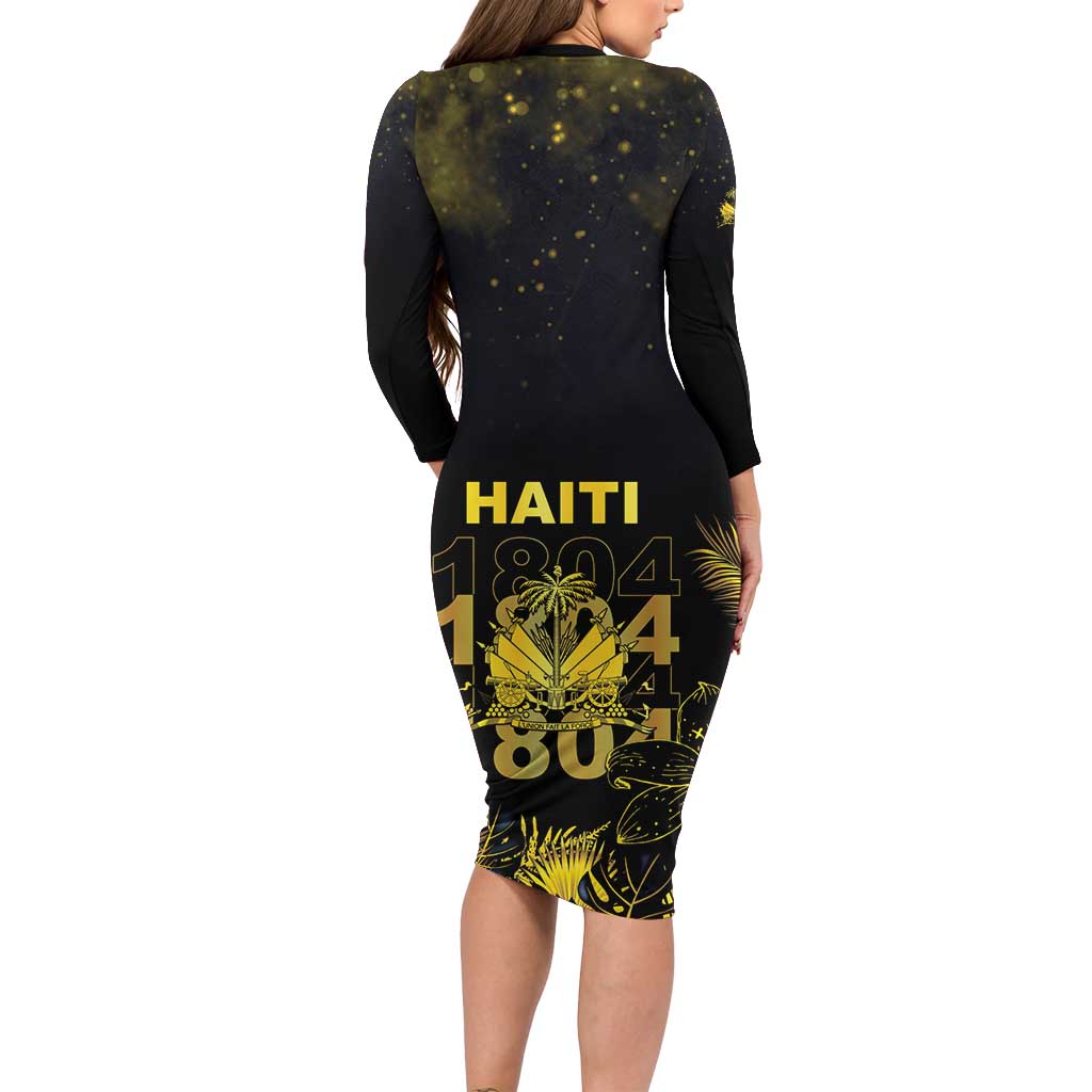 Haiti 1804 Long Sleeve Bodycon Dress Gold Tropical Leaves And Coat Of Arms - Wonder Print Shop