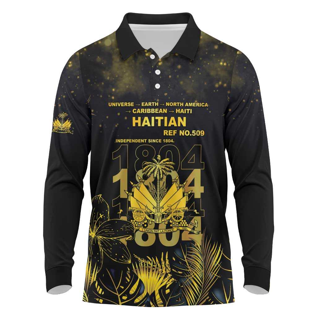 Haiti 1804 Long Sleeve Polo Shirt Gold Tropical Leaves And Coat Of Arms - Wonder Print Shop