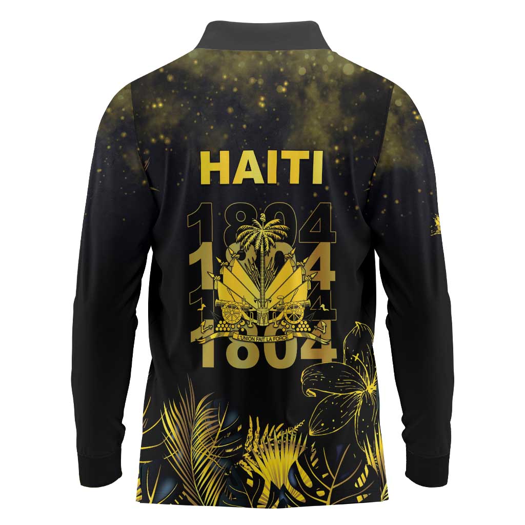 Haiti 1804 Long Sleeve Polo Shirt Gold Tropical Leaves And Coat Of Arms - Wonder Print Shop