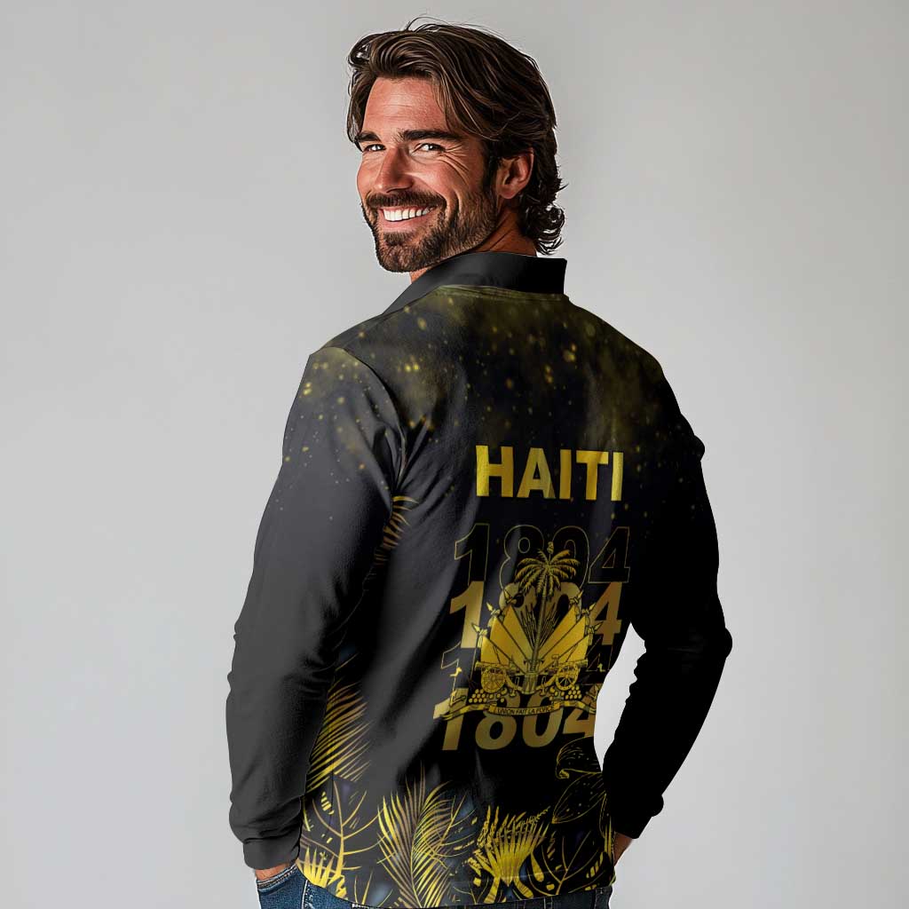 Haiti 1804 Long Sleeve Polo Shirt Gold Tropical Leaves And Coat Of Arms - Wonder Print Shop