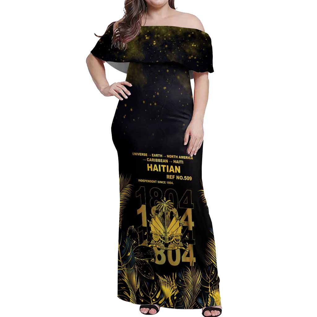 Haiti 1804 Off Shoulder Maxi Dress Gold Tropical Leaves And Coat Of Arms - Wonder Print Shop
