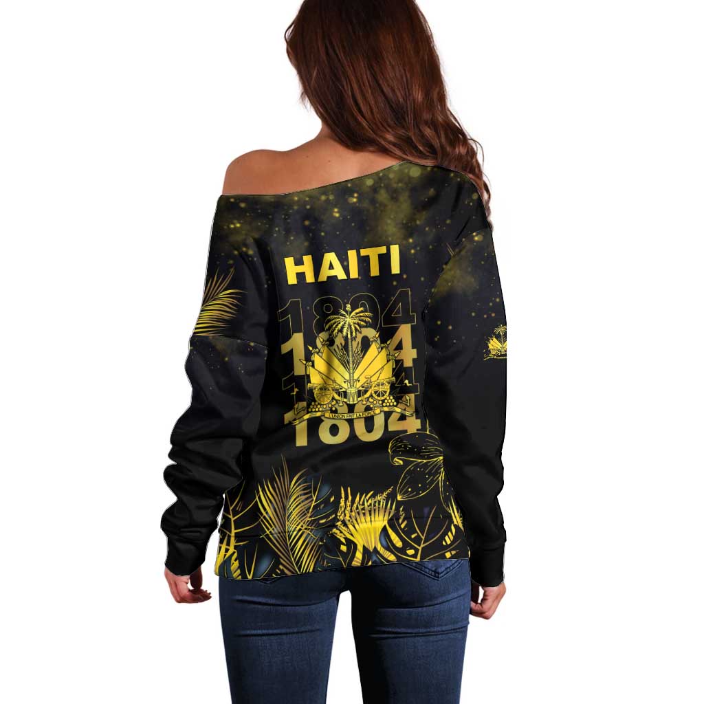 Haiti 1804 Off Shoulder Sweater Gold Tropical Leaves And Coat Of Arms - Wonder Print Shop