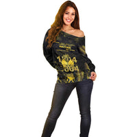 Haiti 1804 Off Shoulder Sweater Gold Tropical Leaves And Coat Of Arms - Wonder Print Shop
