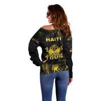 Haiti 1804 Off Shoulder Sweater Gold Tropical Leaves And Coat Of Arms - Wonder Print Shop