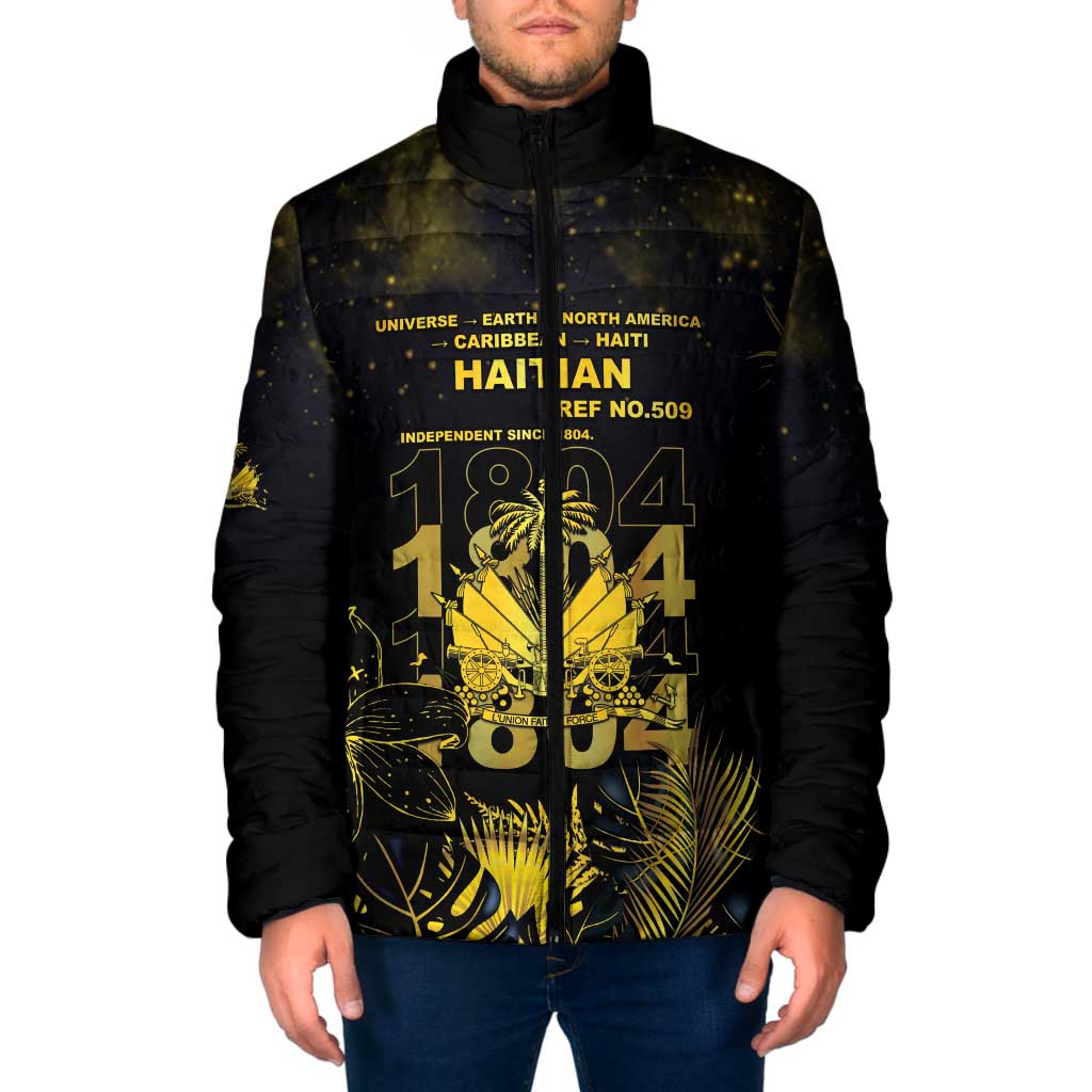 Haiti 1804 Padded Jacket Gold Tropical Leaves And Coat Of Arms - Wonder Print Shop