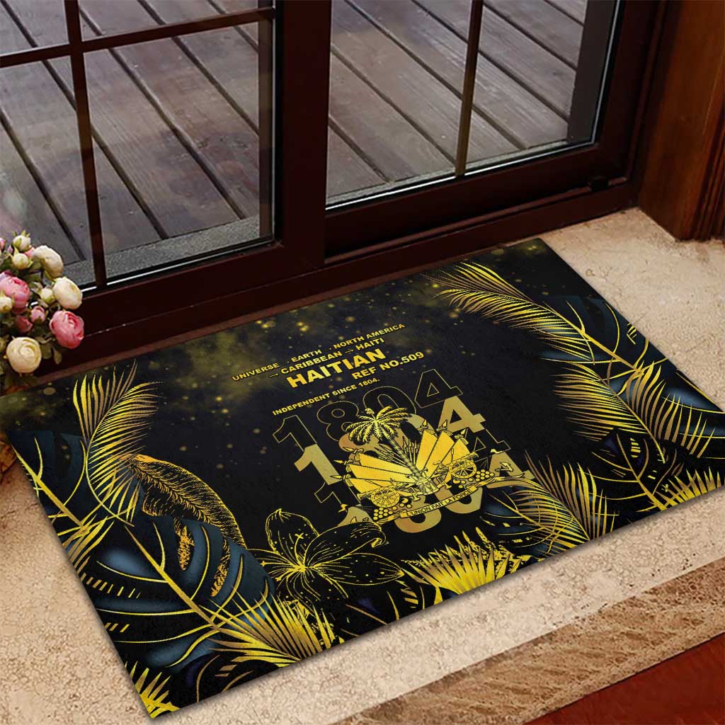 Haiti 1804 Rubber Doormat Gold Tropical Leaves And Coat Of Arms - Wonder Print Shop