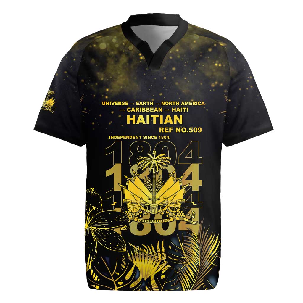 Haiti 1804 Rugby Jersey Gold Tropical Leaves And Coat Of Arms - Wonder Print Shop