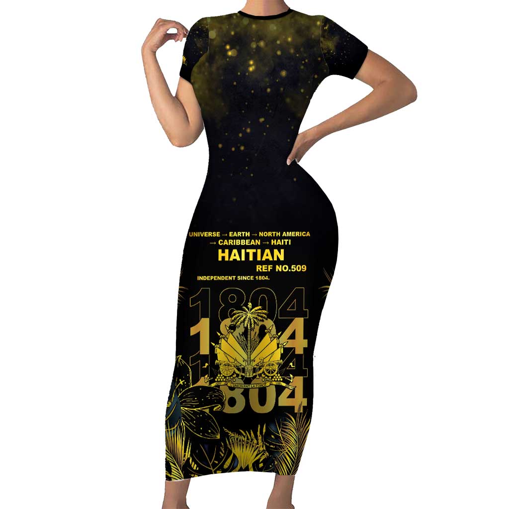 Haiti 1804 Short Sleeve Bodycon Dress Gold Tropical Leaves And Coat Of Arms - Wonder Print Shop