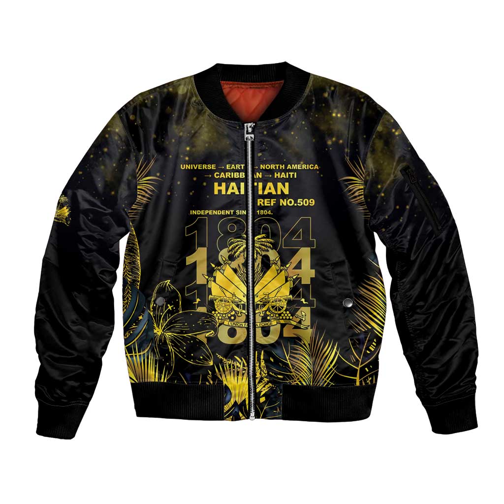 Haiti 1804 Sleeve Zip Bomber Jacket Gold Tropical Leaves And Coat Of Arms - Wonder Print Shop