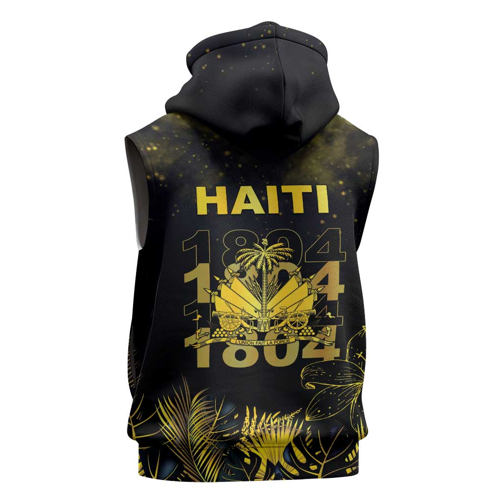 Haiti 1804 Sleeveless Hoodie Gold Tropical Leaves And Coat Of Arms - Wonder Print Shop