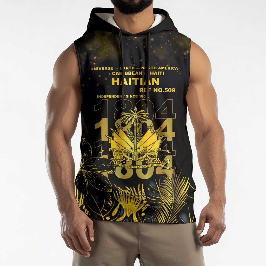 Haiti 1804 Sleeveless Hoodie Gold Tropical Leaves And Coat Of Arms - Wonder Print Shop