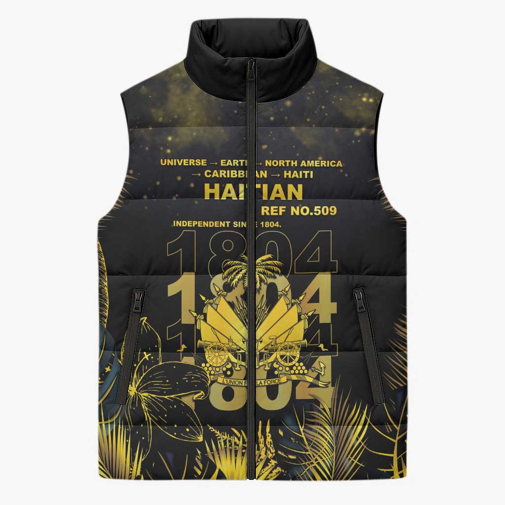 Haiti 1804 Sleeveless Puffer Jacket Gold Tropical Leaves And Coat Of Arms - Wonder Print Shop