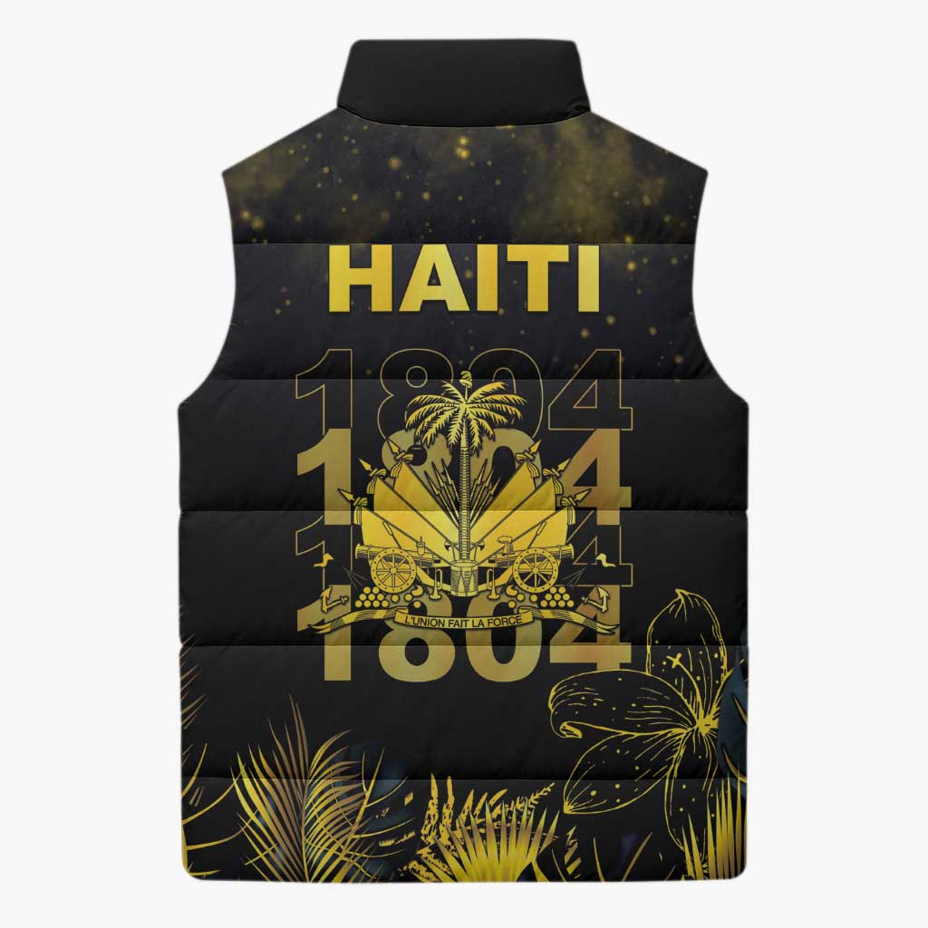 Haiti 1804 Sleeveless Puffer Jacket Gold Tropical Leaves And Coat Of Arms - Wonder Print Shop