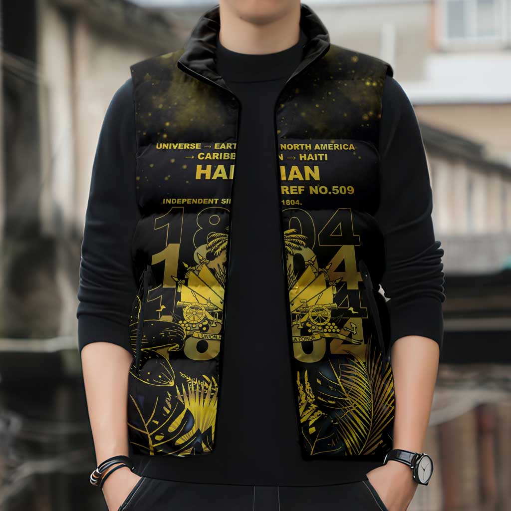 Haiti 1804 Sleeveless Puffer Jacket Gold Tropical Leaves And Coat Of Arms - Wonder Print Shop