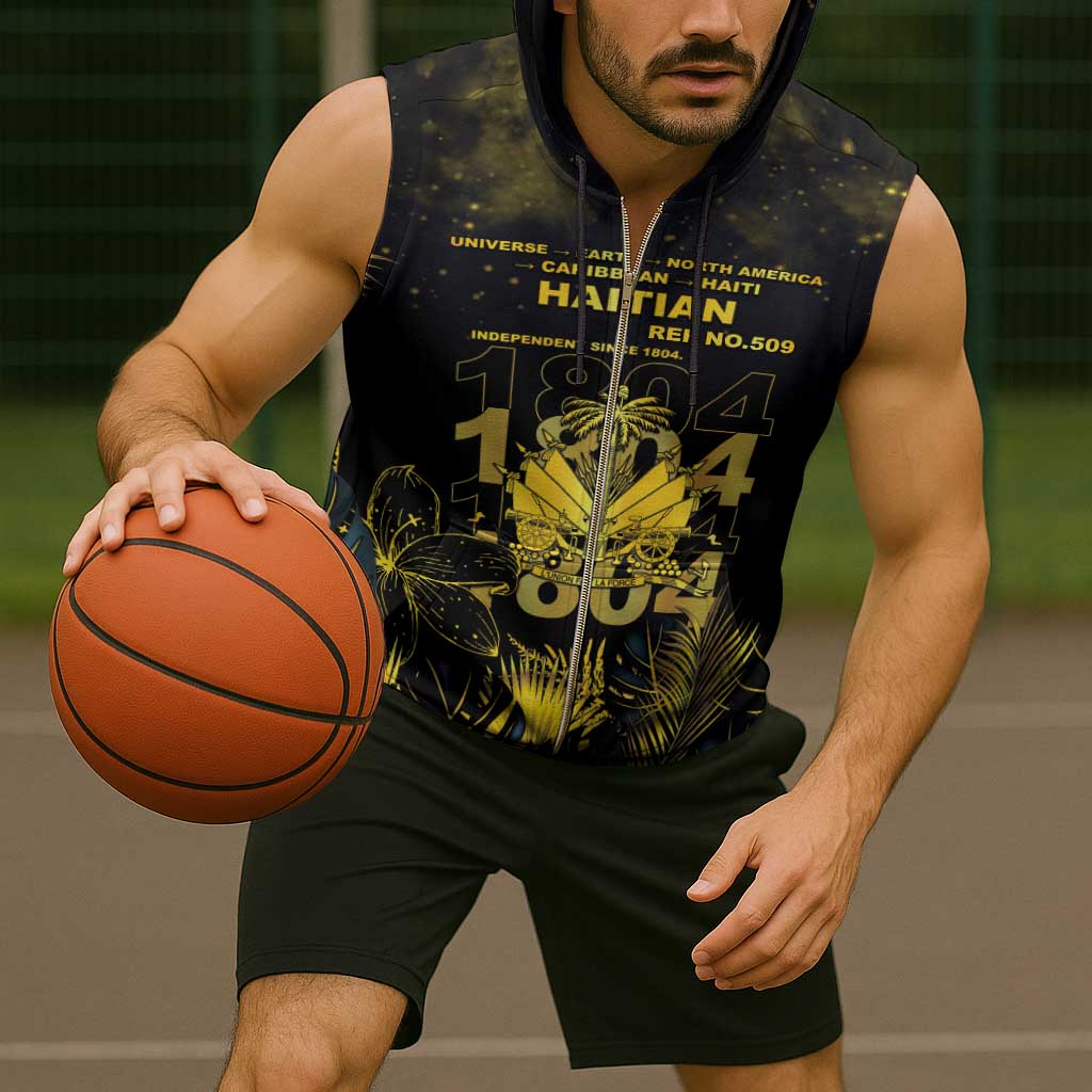 Haiti 1804 Sleeveless Zip Hoodie Gold Tropical Leaves And Coat Of Arms - Wonder Print Shop