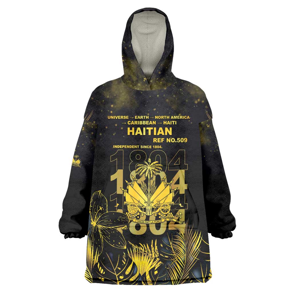 Haiti 1804 Wearable Blanket Hoodie Gold Tropical Leaves And Coat Of Arms - Wonder Print Shop