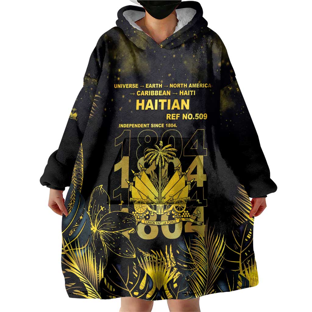 Haiti 1804 Wearable Blanket Hoodie Gold Tropical Leaves And Coat Of Arms - Wonder Print Shop