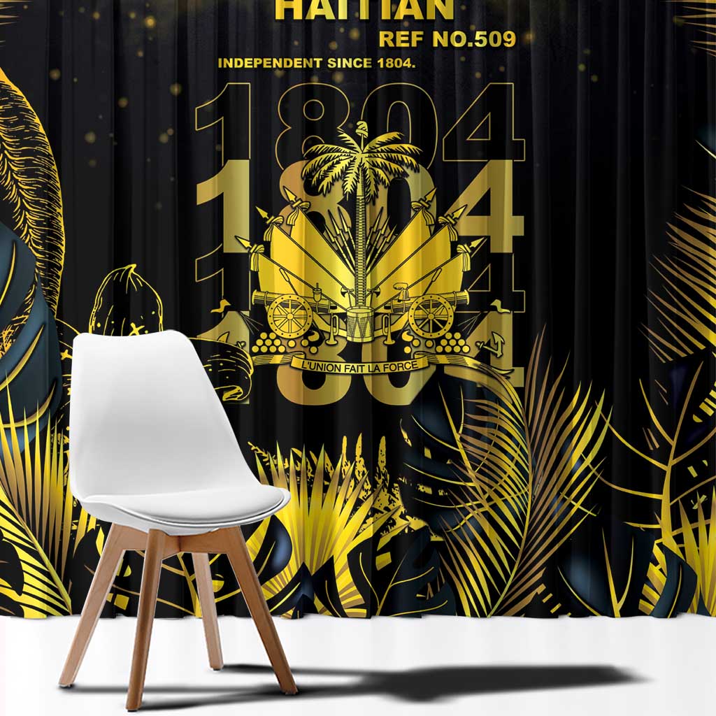 Haiti 1804 Window Curtain Gold Tropical Leaves And Coat Of Arms - Wonder Print Shop