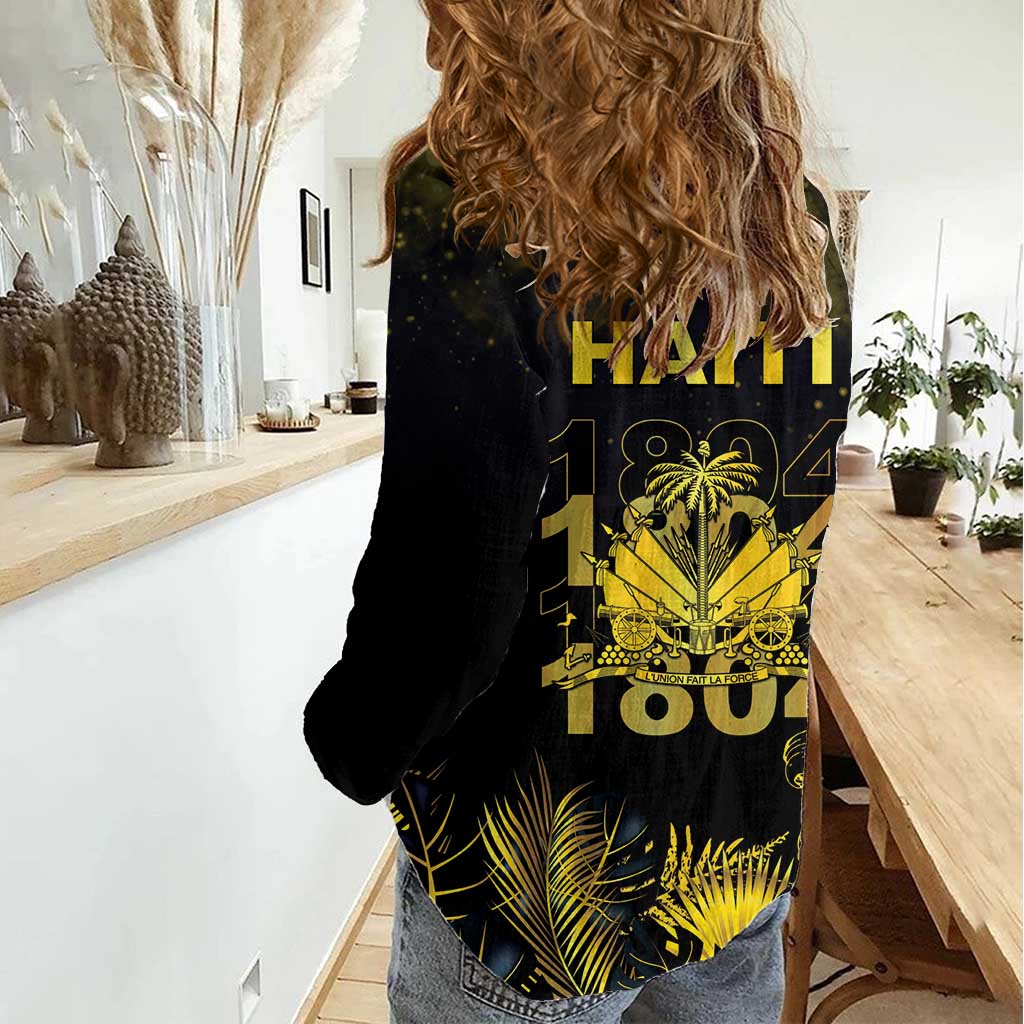 Haiti 1804 Women Casual Shirt Gold Tropical Leaves And Coat Of Arms - Wonder Print Shop
