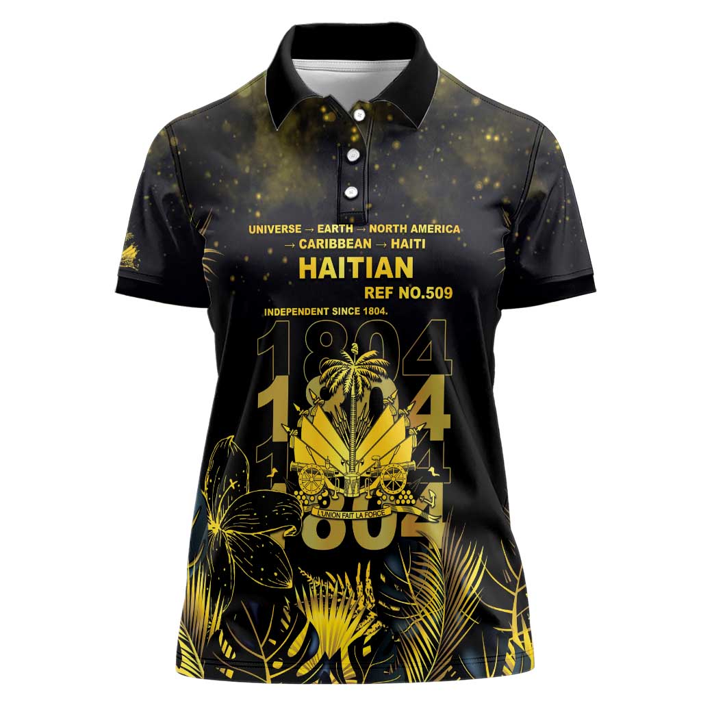 Haiti 1804 Women Polo Shirt Gold Tropical Leaves And Coat Of Arms - Wonder Print Shop