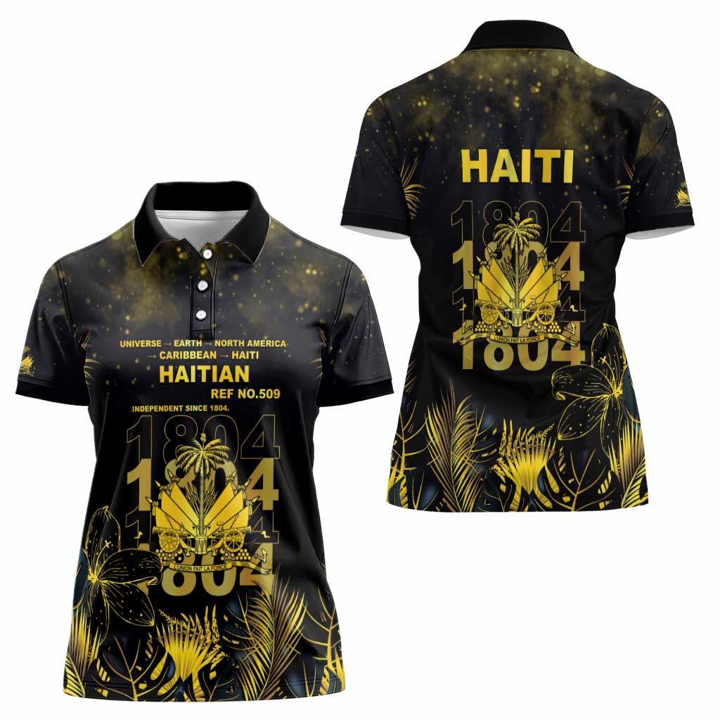 Haiti 1804 Women Polo Shirt Gold Tropical Leaves And Coat Of Arms - Wonder Print Shop