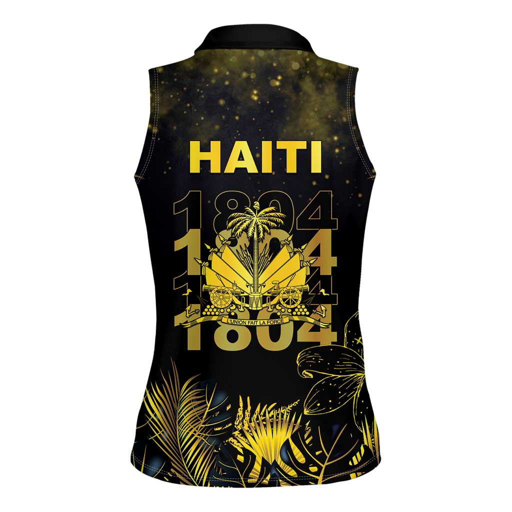 Haiti 1804 Women Sleeveless Polo Shirt Gold Tropical Leaves And Coat Of Arms - Wonder Print Shop